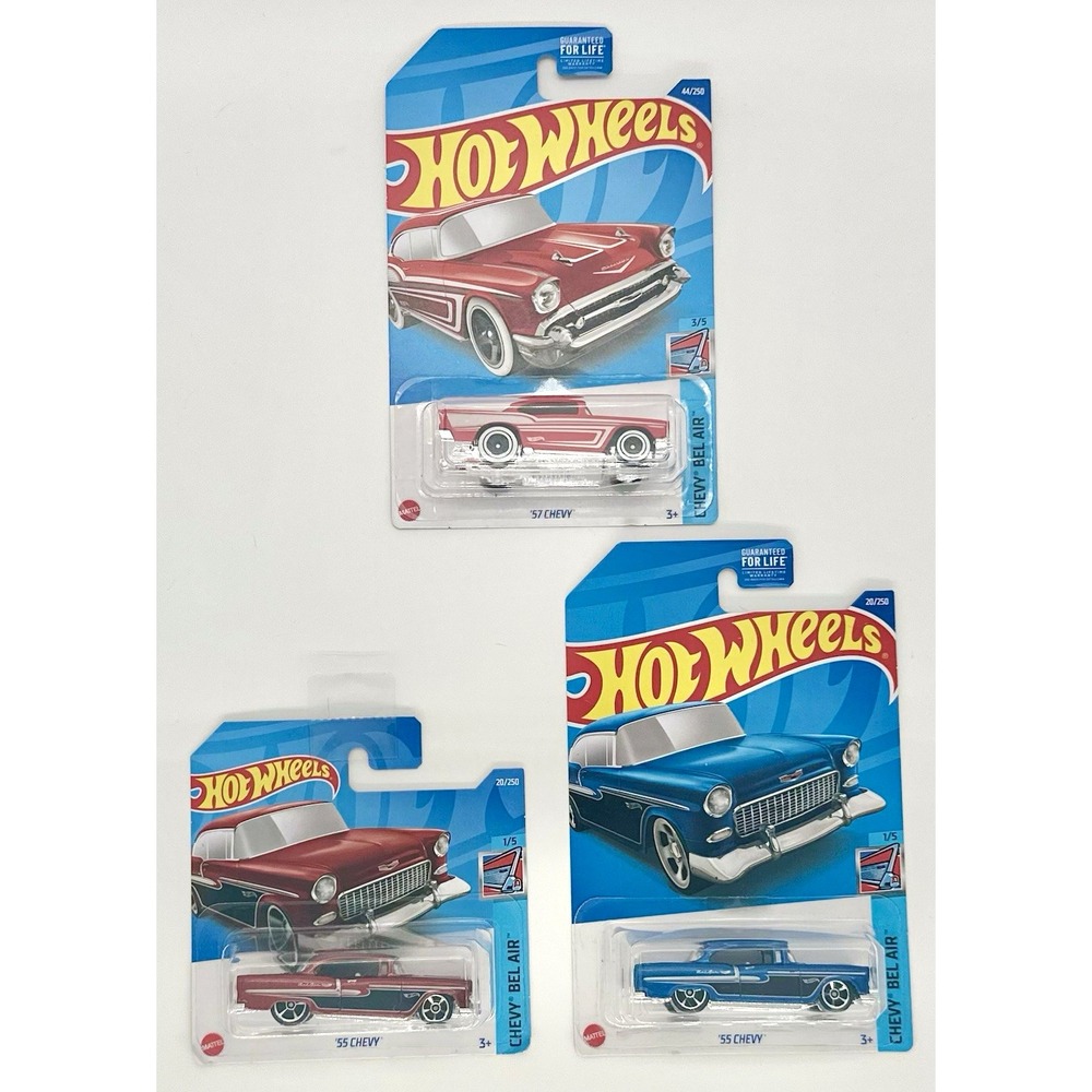 Hot Wheels Chevy Bel Air Lot of 3 '55 Chevy Red Blue & '57 Chevy 1:64 Diecast